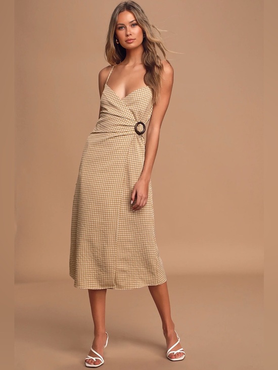 Lulus Dresses & Skirts - Lulus Sunshine On the Mind Mustard Yellow Gingham Wrap Midi Dress Large NWT